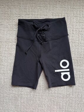 ALO Yoga Black High-Waist Lace-Up Bike Shorts with White Logo